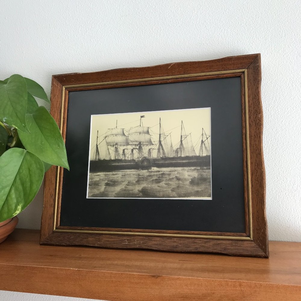 Vintage Wood Framed Antique Sailboat Print